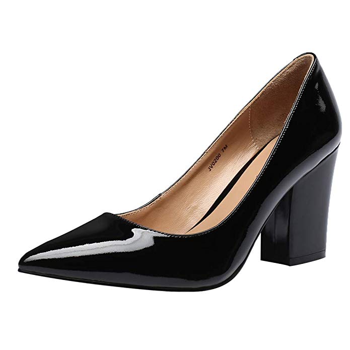 JARO VEGA Women's Pointed Toe Pumps Patent Leather, Stable Chunky High Heel Handmade Dress Shoes