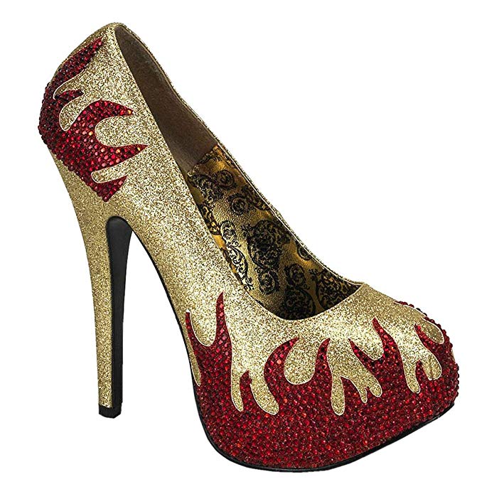 Bordello Womens Red Rhinestone Flame Shoes 5 3/4 In Heel Devil Pumps Black Gold Costume